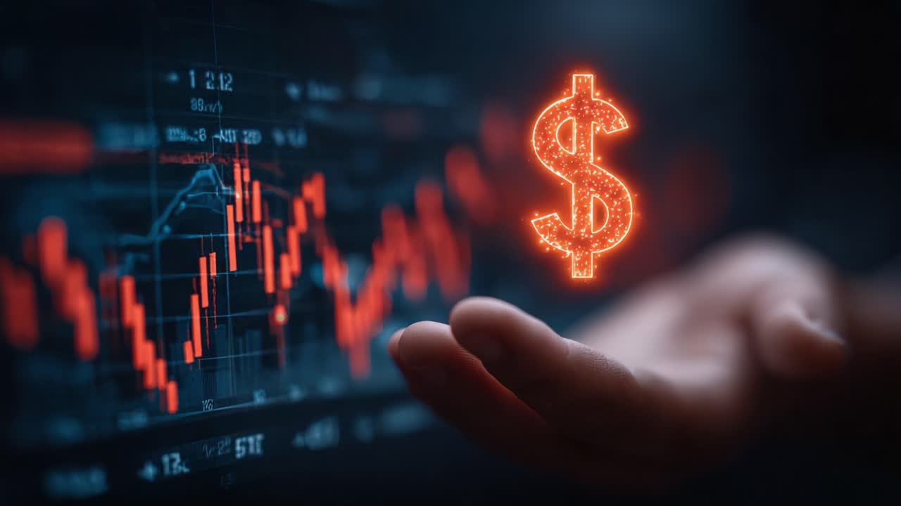 Proiezione dinamica della crescita finanziaria: una mano che afferra un simbolo di valuta in mezzo a un grafico digitalizzato del mercato azionario, visualizzando tendenze e approfondimenti economici.