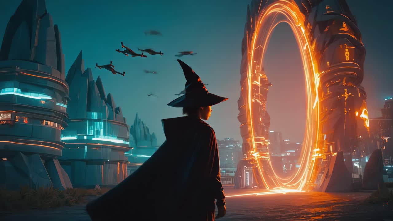 A wizard staring at a futuristic portal in a sci-fi city