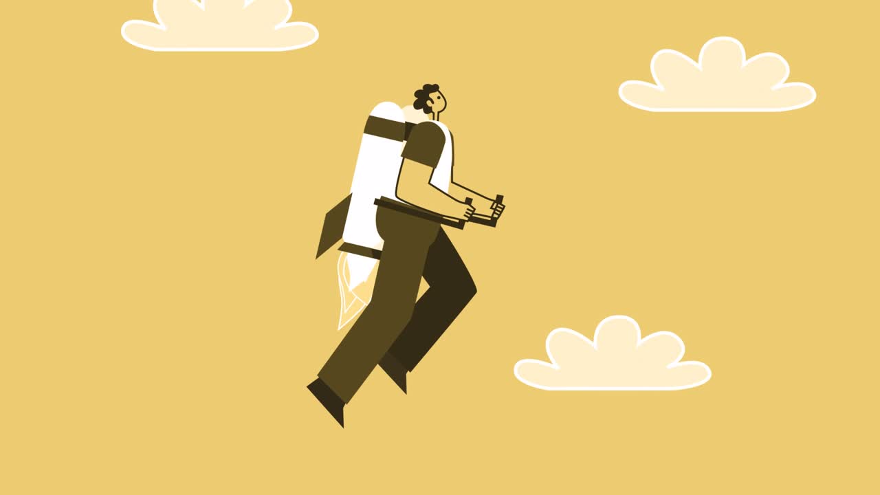 Yellow Style Man Flat Character Flies Up with Flying Jetpack Backpack ...