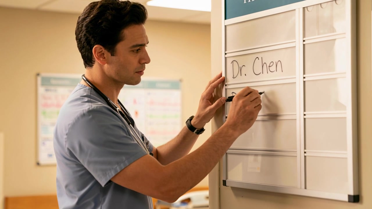 Approaching male doc in scrubs, steth bracing ward roster board, writing with marker under Dr Chen