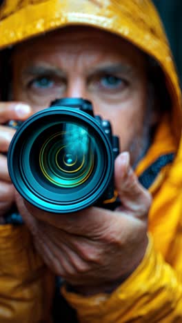 photographer in yellow rain jacket capturing nature's beauty