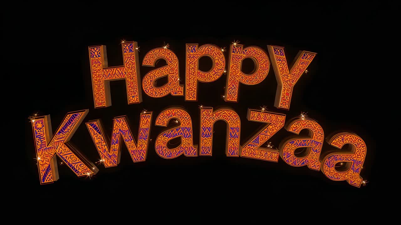 Appearing arced 3D Happy Kwanzaa letters glowing with flickering flames in black void, celebrating