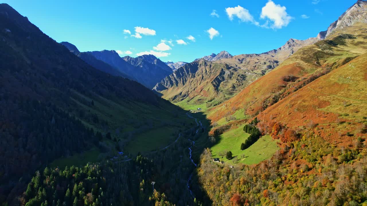 Aerial view of mountain valley, Cauterets ski resort in winter