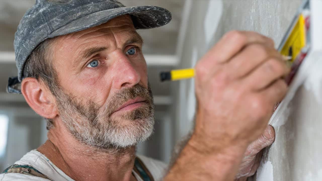 Skilled Craftsman Applying Finishing Touches with Precision: A Close-Up View of a Dedicated Worker Focused on Craftsmanship in Construction