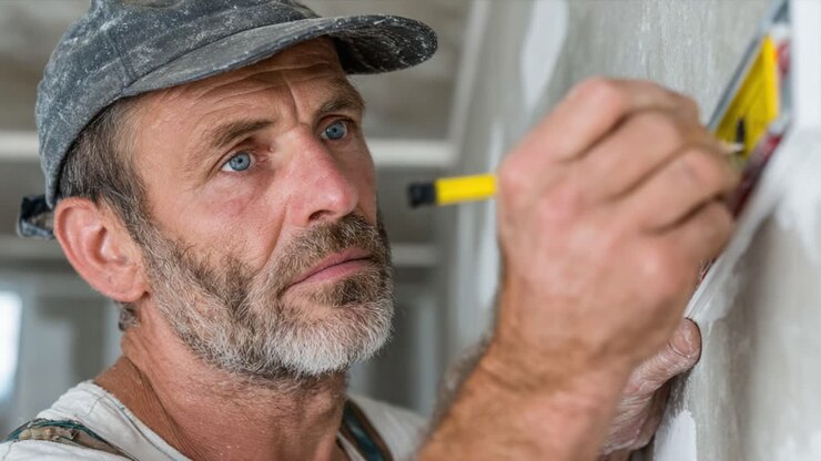 Skilled Craftsman Applying Finishing Touches with Precision: A Close-Up View of a Dedicated Worker Focused on Craftsmanship in Construction