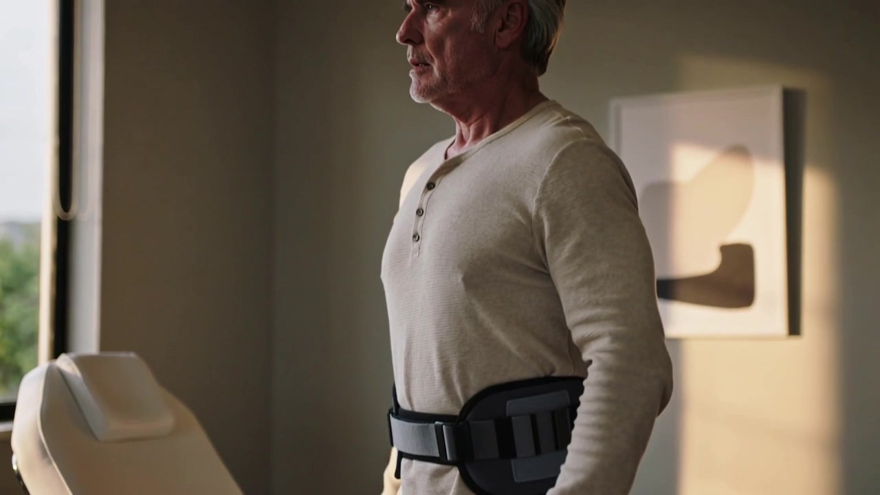 Uomo anziano che spinge il bastone e la sedia da visita, alzandosi in clinica verso la finestra, indossando una maglietta henley e una cintura lombare.