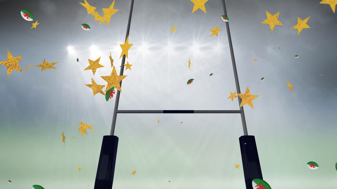 animación de estrellas sobre bolas de rugby coloreadas con la bandera de gales cayendo en el estadio