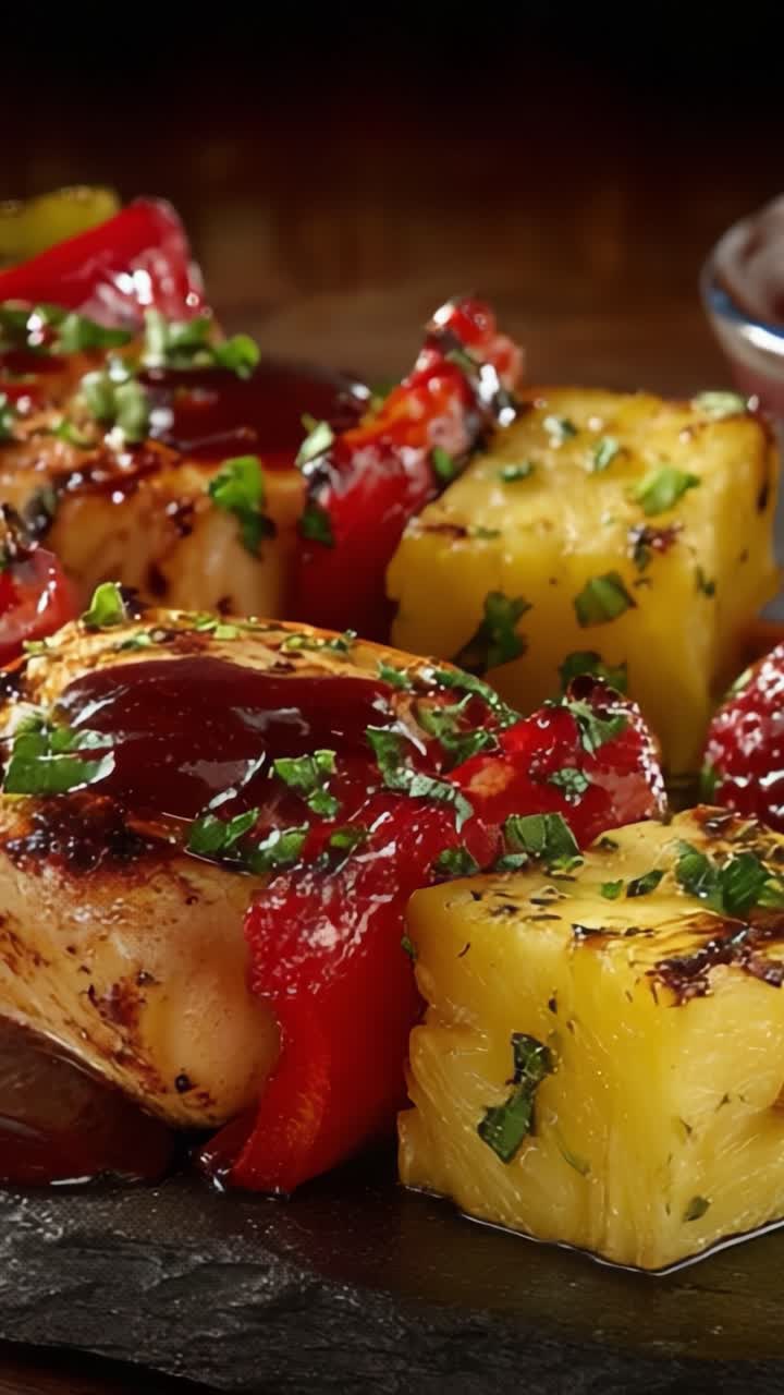 Pollo squisitamente grigliato con peperoni colorati e glassa all'ananas su un piatto rustico, che mette in risalto marinate saporite ed erbe fresche per un'esperienza ricca di sapore.
