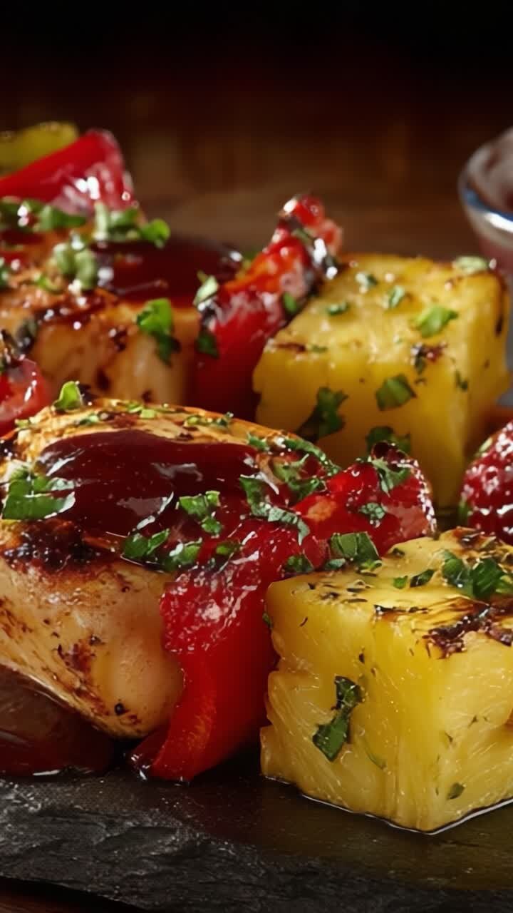 Pollo squisitamente grigliato con peperoni colorati e glassa all'ananas su un piatto rustico, che mette in risalto marinate saporite ed erbe fresche per un'esperienza ricca di sapore.