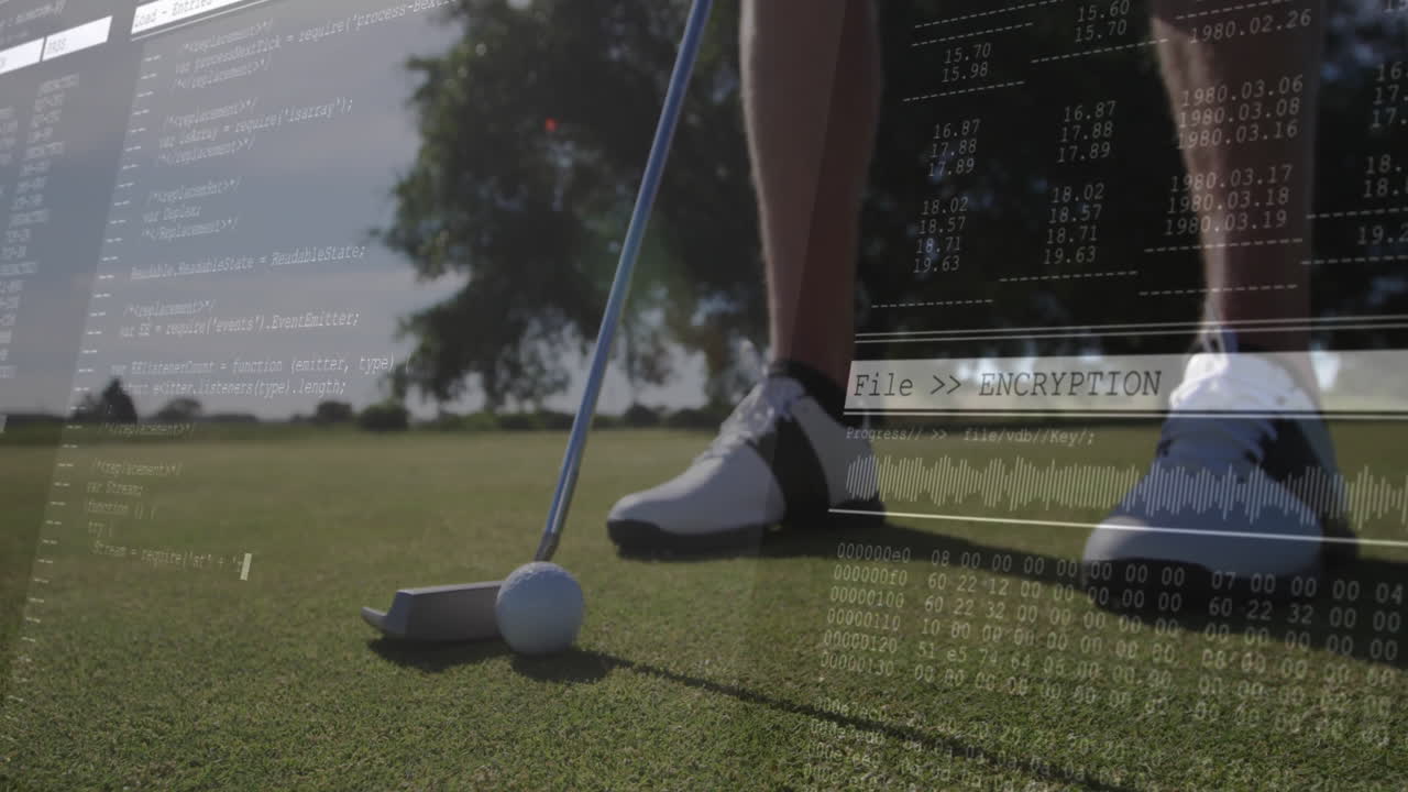 Preparing to putt, golfer with animation overlay of encryption data on grass