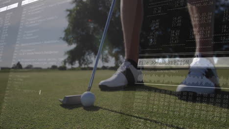 preparing to putt, golfer with animation overlay of encryption data on grass