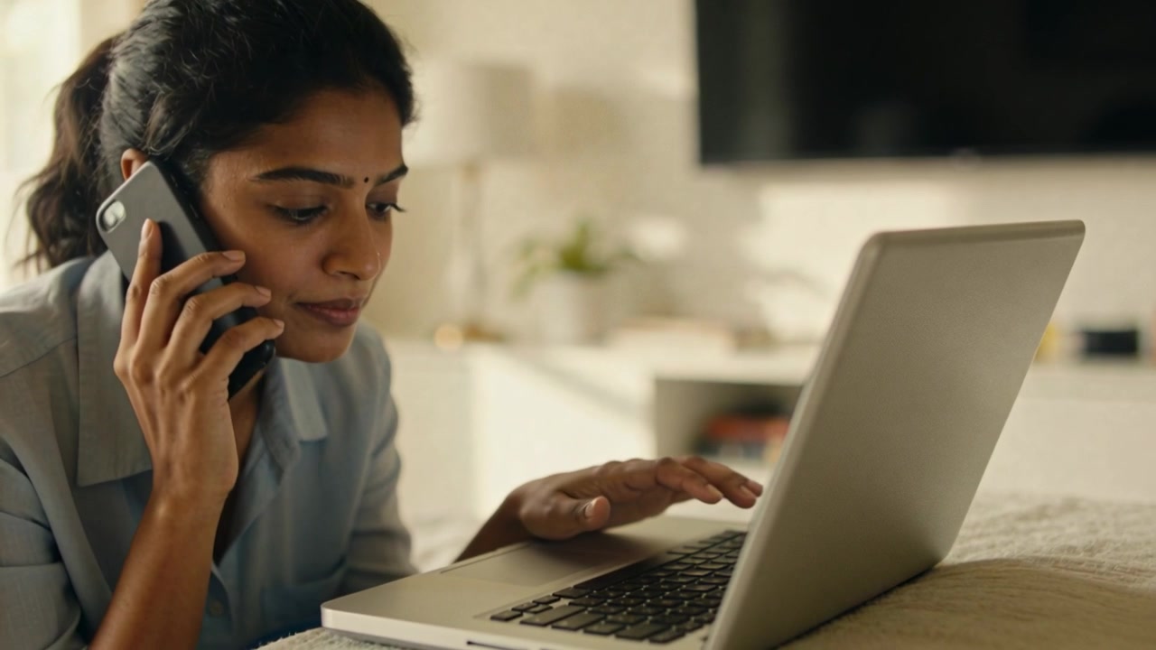 Telefono che squilla, donna indiana con camicia azzurra che risponde a una chiamata e digita sul laptop a casa.