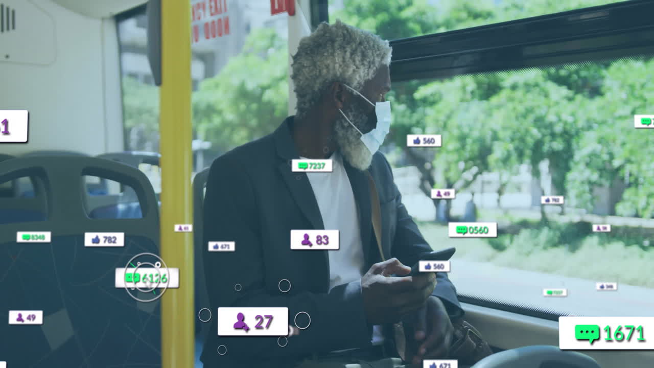 Wearing mask on bus, elderly man surrounded by animation of social media icons