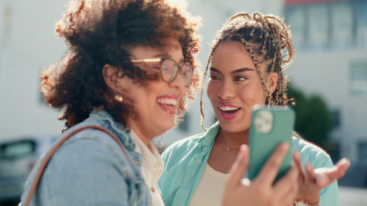 Happy, phone and friends in a city online for gps