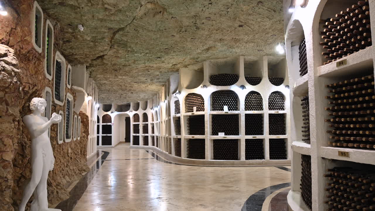 CRICOVA, MOLDOVA - 10 OCTOBER, 2021: Cricova cellars and wine collection rooms gallery with bottles and statue