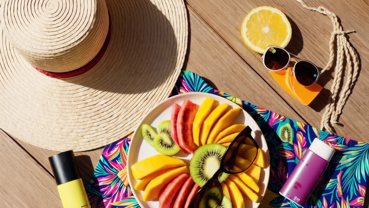 Vibrant Summer Vacation Flat Lay with Tropical Fruits and Beach Essentials