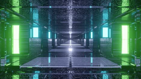 motion graphics sci fi: travel slowly inside futuristic long grey speckled mirrors reflecting tunnel with neon teal and green lights towards white blinking light