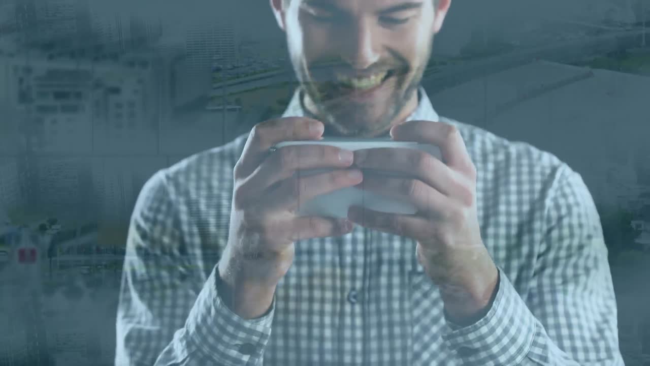 animación de un hombre usando un teléfono inteligente sobre el paisaje urbano
