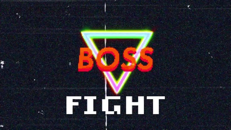 Rectangular bar filling glitching VHS screen neon triangle showing BOSS pointer clicking FIGHT