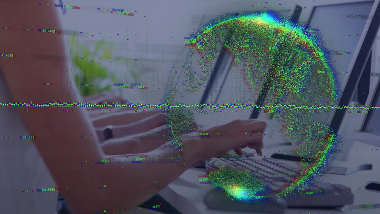 Office worker typing on keyboard initiating holographic sphere rotating to visualize data streams