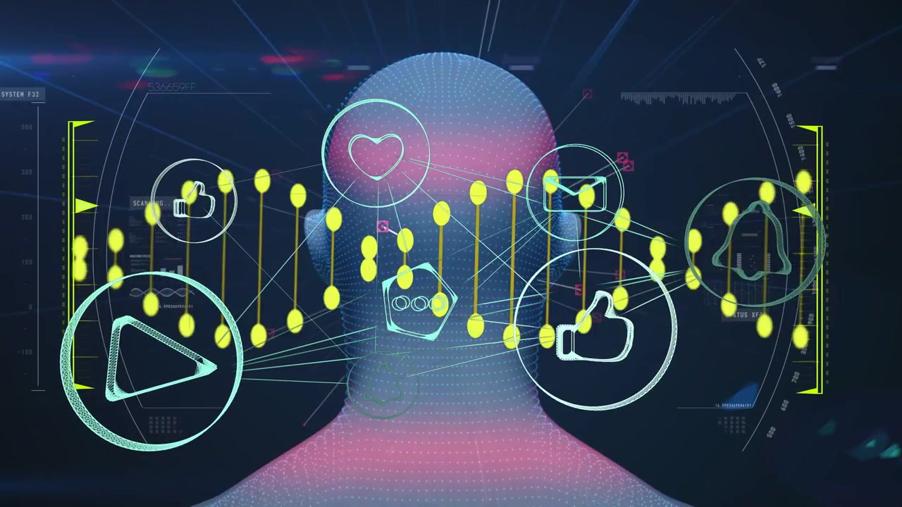 Dotted mesh head rotating on yellow node pulse starting scan, cyan icons pulsing, mapping data