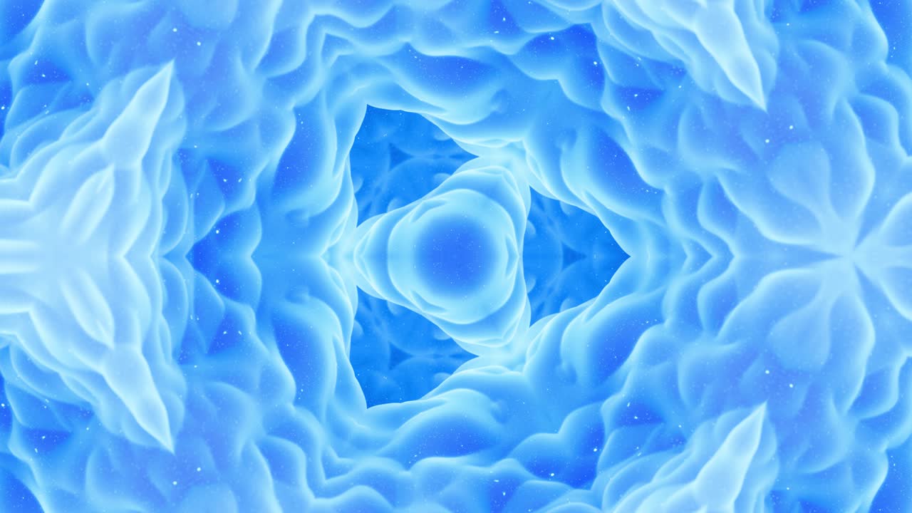 Smooth looped animation of 3d abstract soft matte shape like flower or mandala, symmetrical structure of blue purple velvet material interspersed sequins, changes shapes smoothly cyclical. Gradient