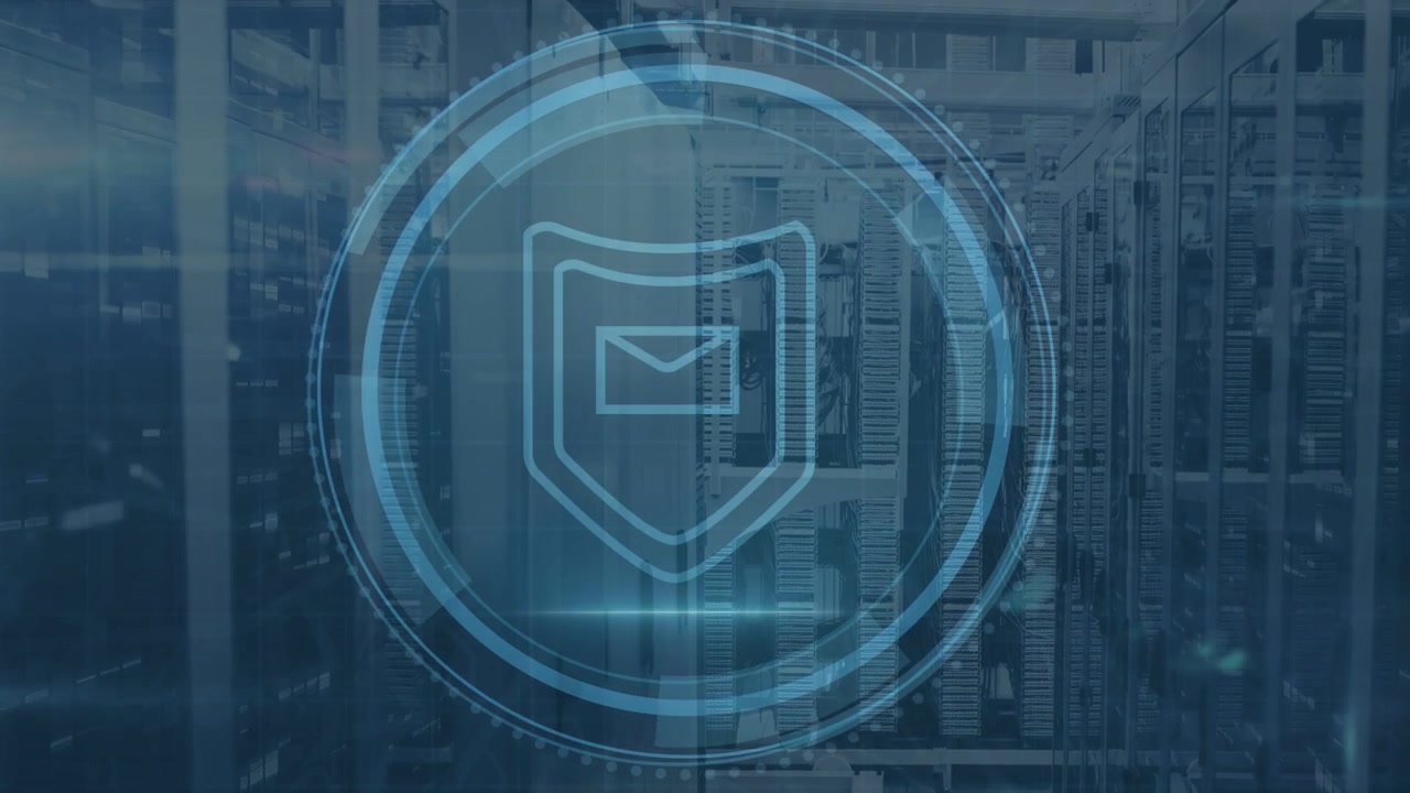 Glowing Cybersecurity starting over racks, HUD ring forming shield-mail scanning, protecting data