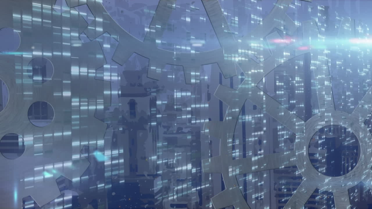 Animation of cogs with data processing and network of connections