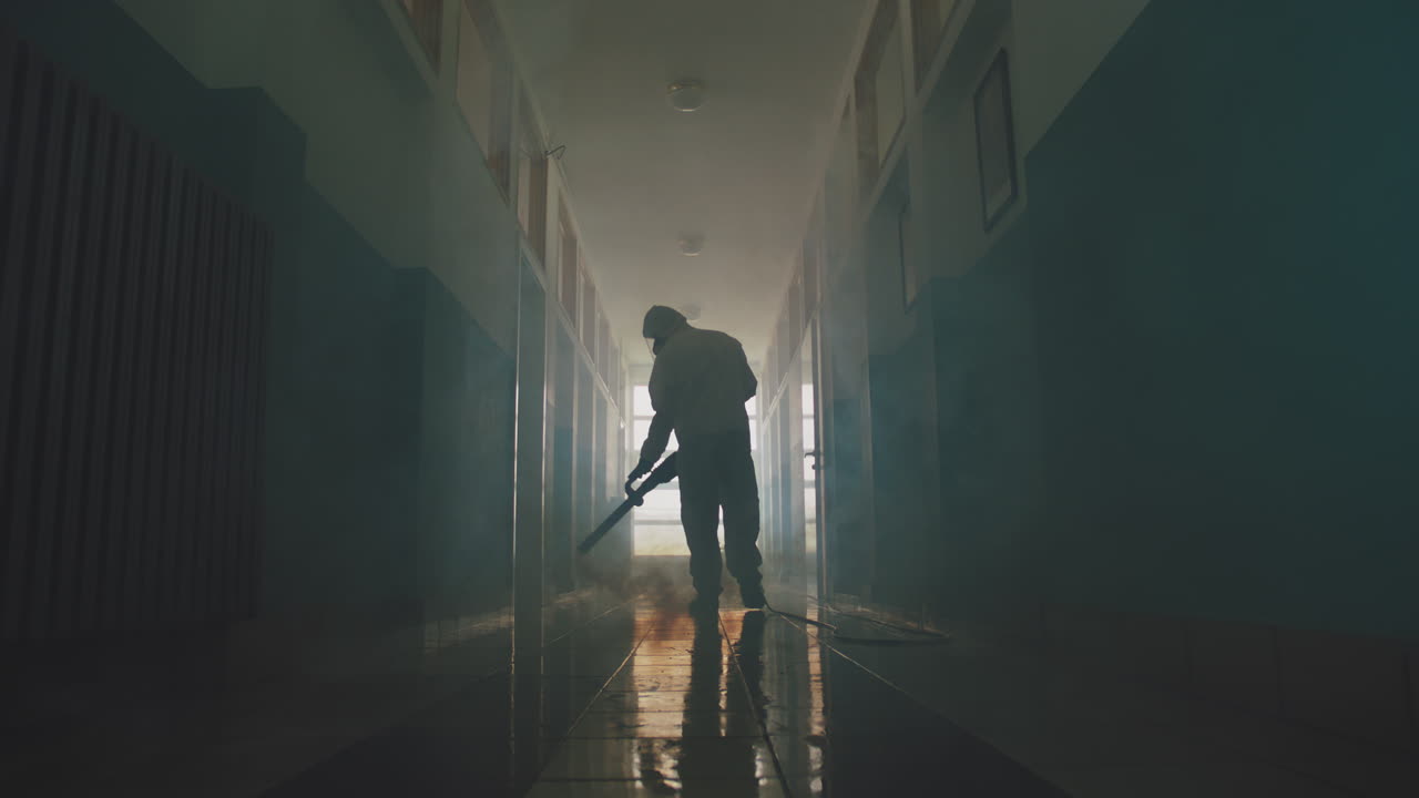 Sanitization and Disinfection in a Foggy Hallway
