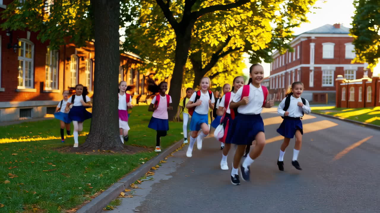 A group of school girls running happily outdoors with backpacks