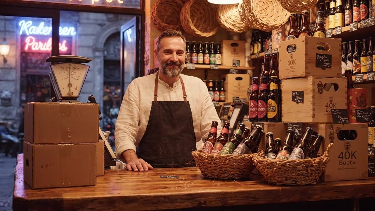 Lojista encantador(a) sorrindo calorosamente por trás do balcão de madeira, rodeado(a) por várias garrafas e cestos, exibindo uma atmosfera acolhedora em um ambiente de mercado local