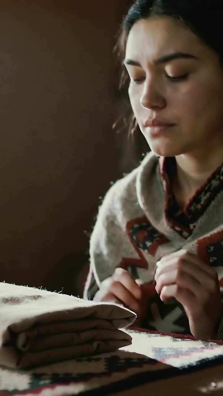 Video verticale: Donna con poncho che dispiega e prepara i vestiti per la conservazione su un tappeto, spazio per il testo.