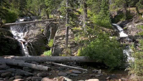 Wide-view-of-Twin-Falls-at-Two-Medicine-Lake-in-Glacier-National-Park,-static