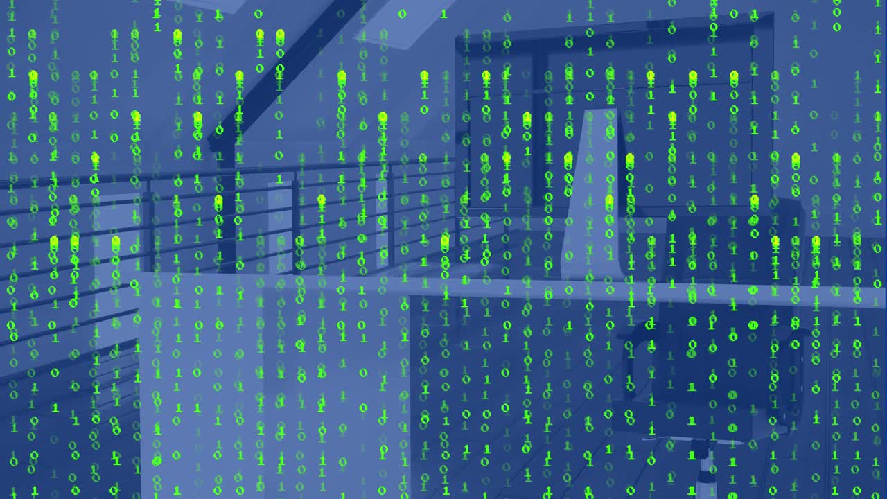 Animation of green falling binary codes over desktop and unoccupied chair in office