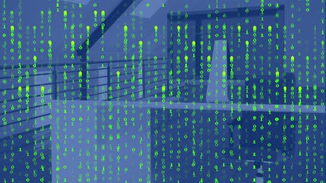 Animation of green falling binary codes over desktop and unoccupied chair in office