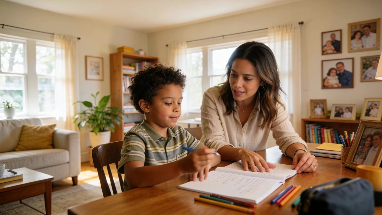 Madre señalando y guiando a un niño en una mesa junto a las ventanas, lo que lleva al niño a alcanzar un lápiz para el cuaderno de ejercicios de la tarea.