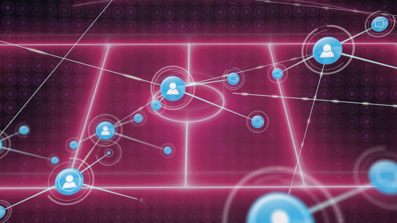 Digital grid with glowing lines showing network of connected user icons