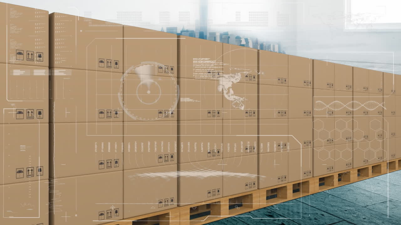 animación del procesamiento de estadísticas sobre cajas de cartón en cinta transportadora