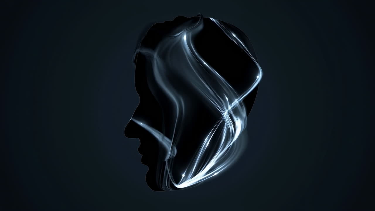Glowing Abstract Black Sculpture Drifting In Dark Studio, Sinuous Light Ribbons Wrap Glossy Surface Creating