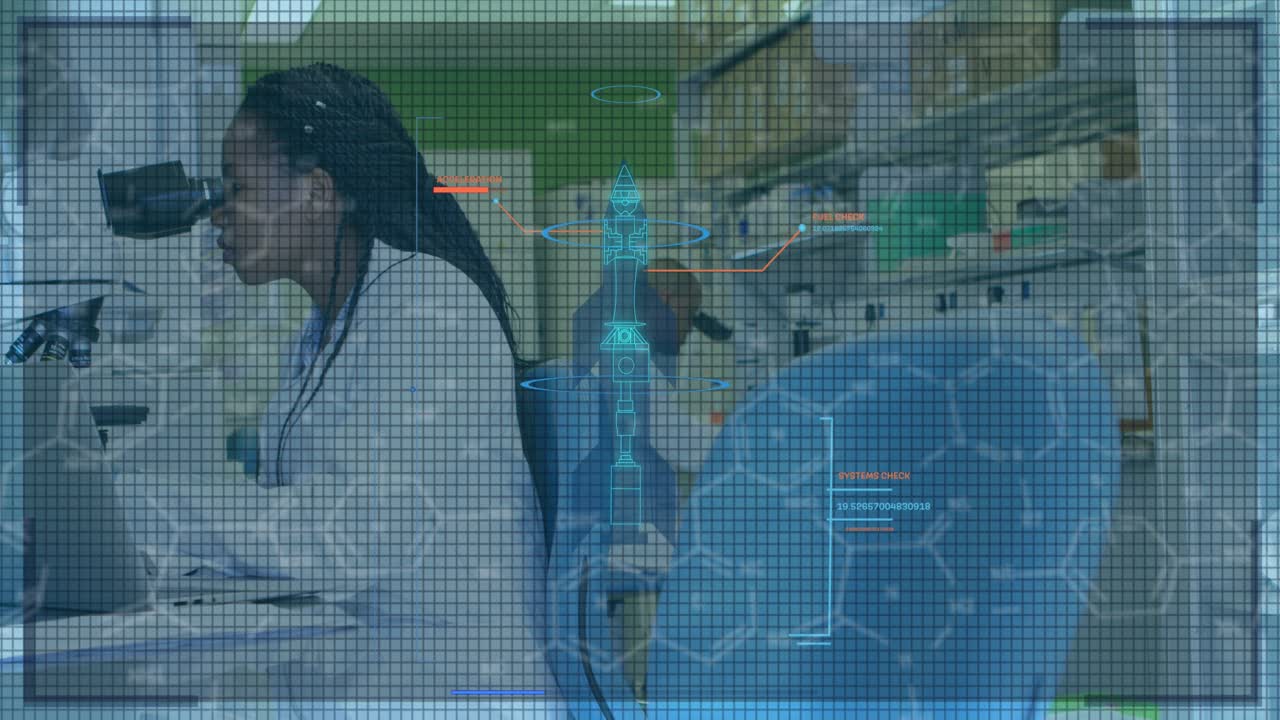Animation of data processing over african american female scientist in lab