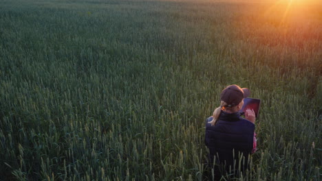 Eine-Bäuerin-Arbeitet-Auf-Einem-Feld-Mit-Noch-Grünem-Weizen-Und-Benutzt-Eine-Tablette