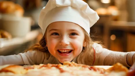 a little girl in a chef's hat holding a large pizza