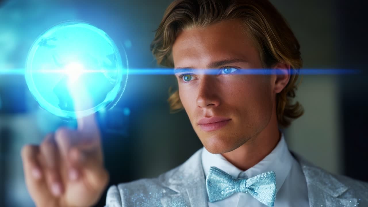 Stylový mladý muž v třpytivém obleku interaguje s holografickým glóbusem a předvádí moderní technologie a futuristické koncepty v současném prostředí.