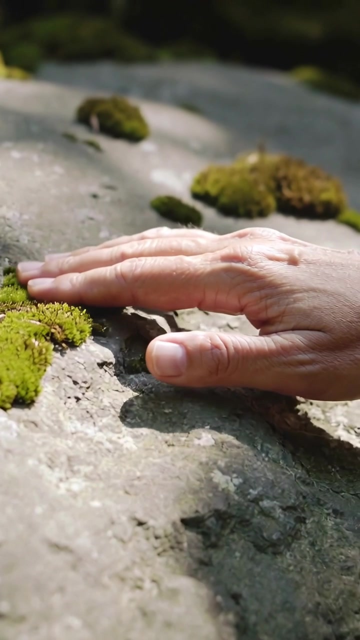 Vertical video: Entering right hand gliding fingertips across rock slab outdoors, feeling moss