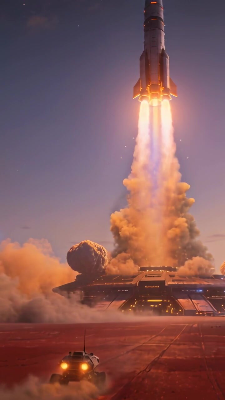 Vertical video: Igniting rocket climbing from pad at dusk for ascent, rover fleeing dust