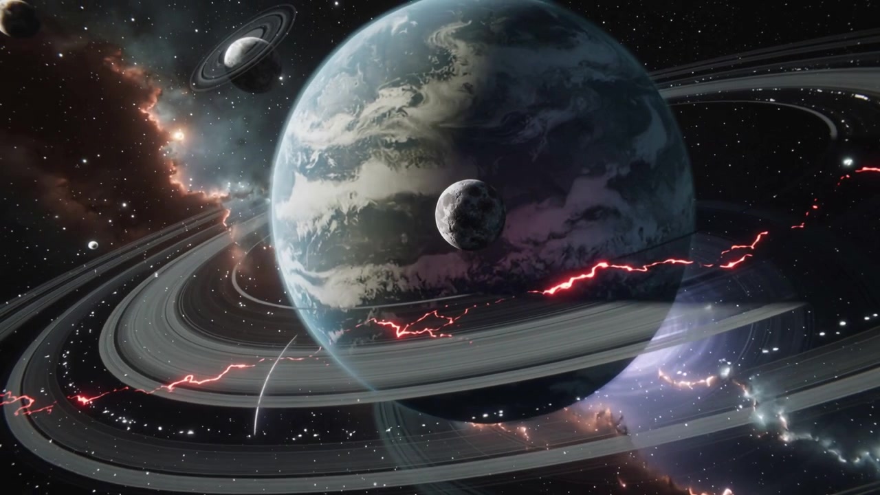 Panning in space, world rotating showing side as moon transiting red arcs traveling rings