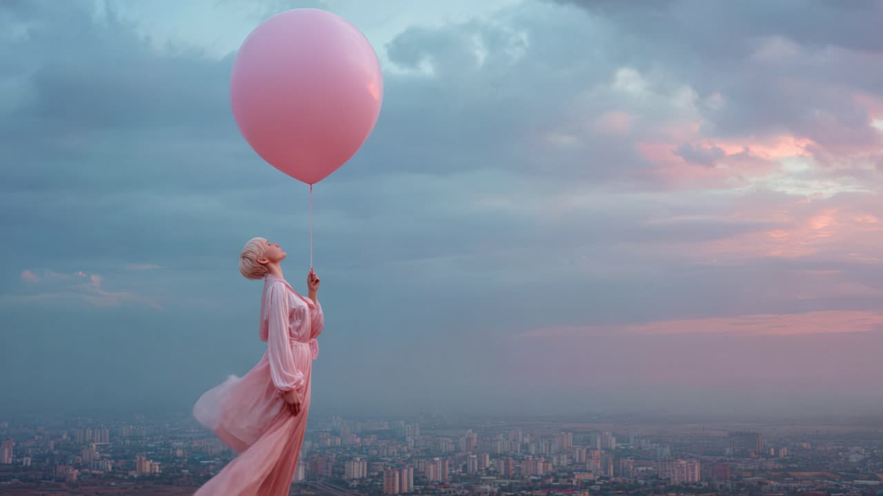 A serene figure in elegant attire gazes skyward while holding a large pink balloon against a backdrop of a sprawling city and a dramatic twilight sky filled with soft clouds