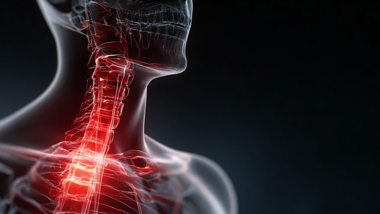 Visualizzazione anatomica della colonna vertebrale cervicale: Rappresentazione dettagliata di vertebre e vie nervose in una struttura stilizzata del collo umano.