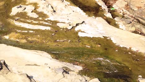 river water flows out of a waterfall, across a rock, on a mountain