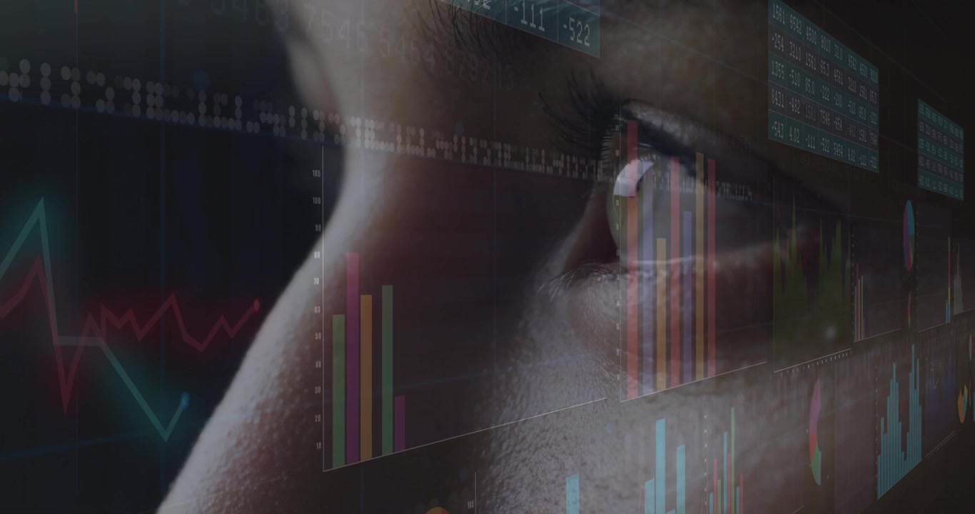 Female analyst monitoring data interface overlaying bar charts line graphs grid panels pie segment